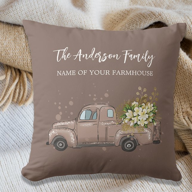 Brown truck flowers farmhouse family name cushion (Creator Uploaded)