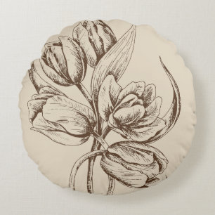 Brown Tulips Custom Beige Background Round Cushion