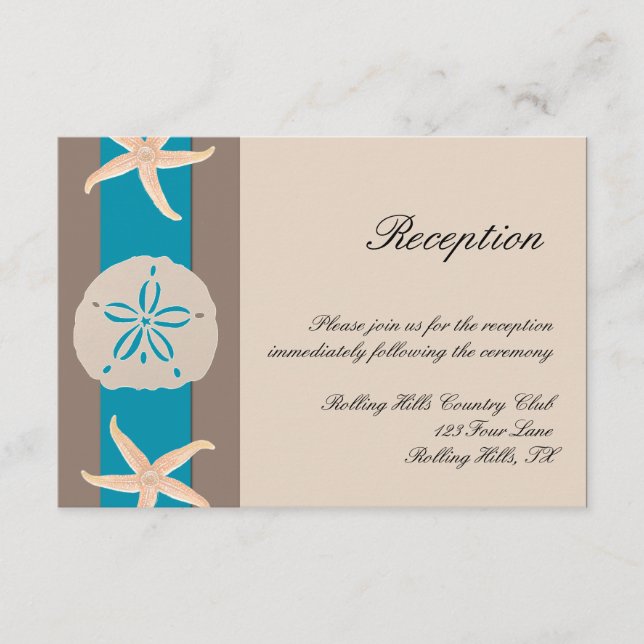 Brown Turquoise Band Starfish Wedding Reception Enclosure Card (Front)