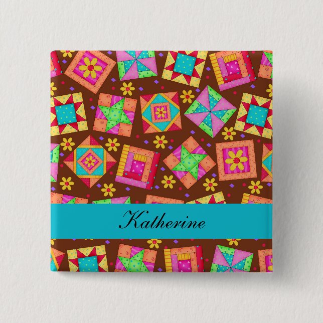 Brown Turquoise Blue Patchwork Quilt Name Badge (Front)
