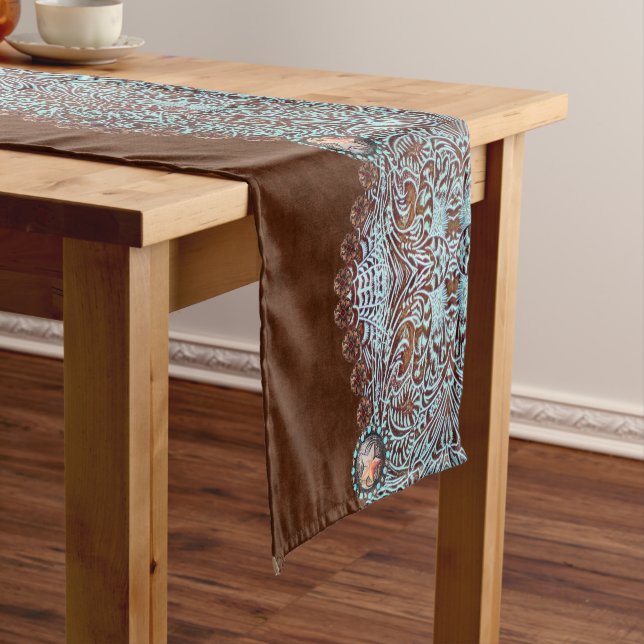 brown turquoise cowboy western country pattern  short table runner (In Situ)