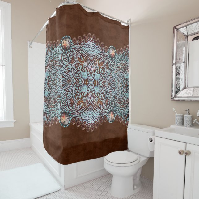 brown turquoise cowboy western country pattern  shower curtain (In Situ)