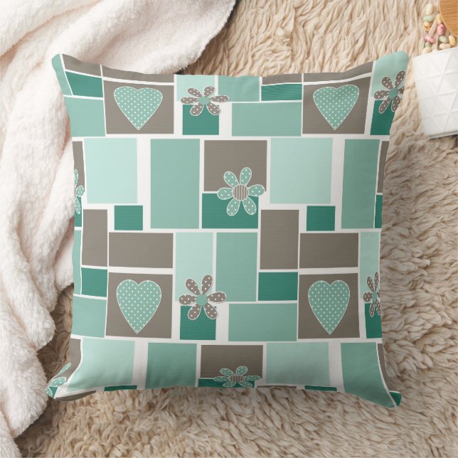 Brown turquoise patchwork of square patches  cushion (Blanket)