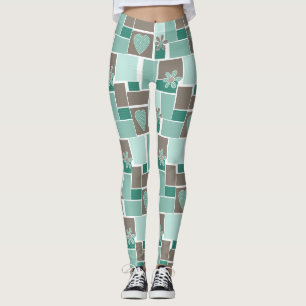 Brown turquoise patchwork of square patches  leggings