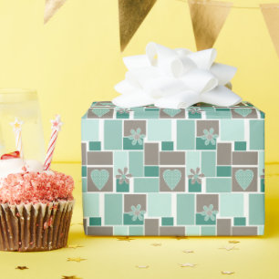 Brown turquoise patchwork of square patches wrapping paper