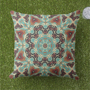Brown Turquoise Red Orange Mandala Star Art Cushion