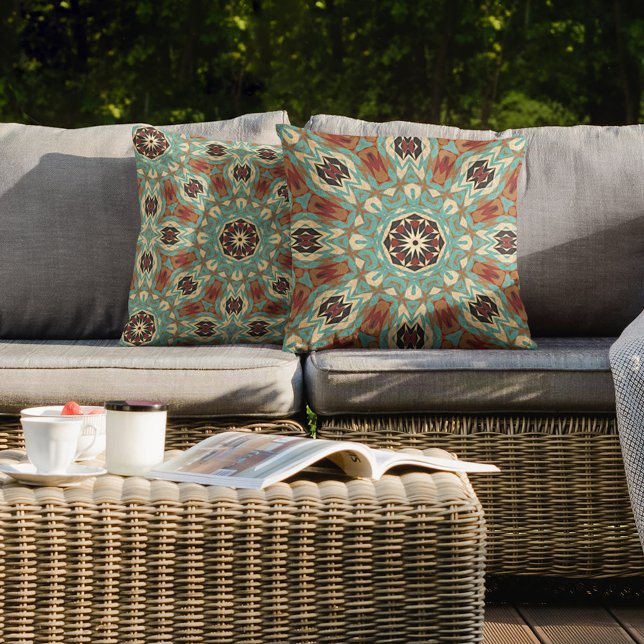 Brown Turquoise Red Orange Mandala Tribal Art Cushion (Creator Uploaded)