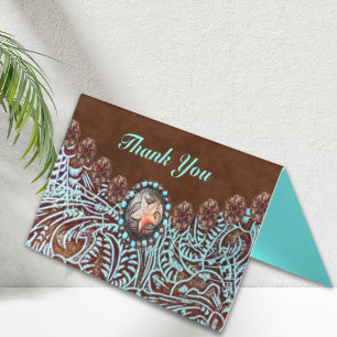 brown turquoise western country tooled leather business card