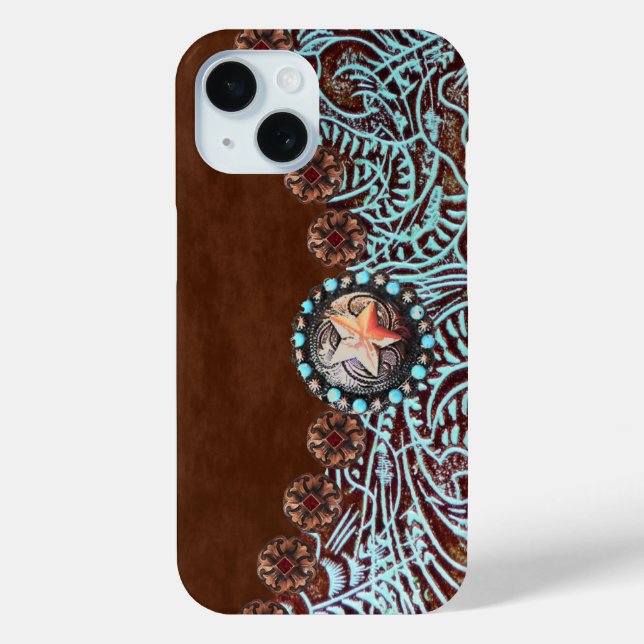 brown turquoise western country tooled leather Case-Mate iPhone case (Back)