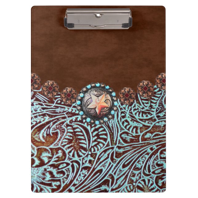 brown turquoise western country tooled leather clipboard (Front)