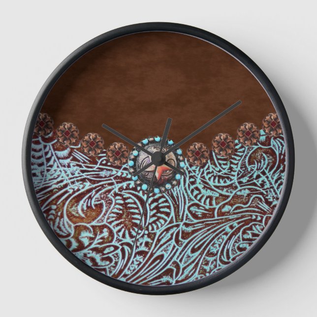 brown turquoise western country tooled leather clock (Front)