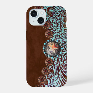 brown turquoise western country tooled leather iPhone 15 case