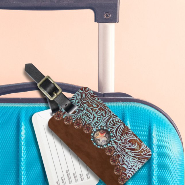 brown turquoise western country tooled leather luggage tag (brown turquoise western country tooled leather luggage tag)