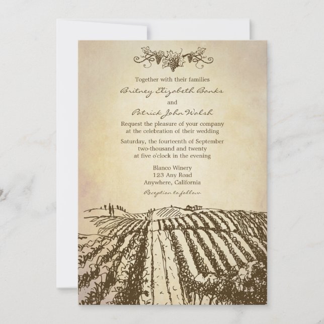 Brown Tuscan Winery Vineyard Wedding Invitations (Front)