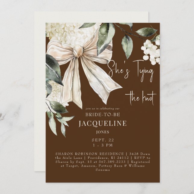 Brown Tying the Knot Bow Hydrangea Wedding Shower Invitation (Front/Back)