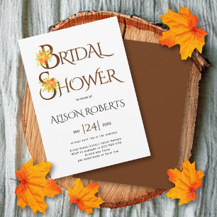Brown typography, orange roses fall bridal shower invitation