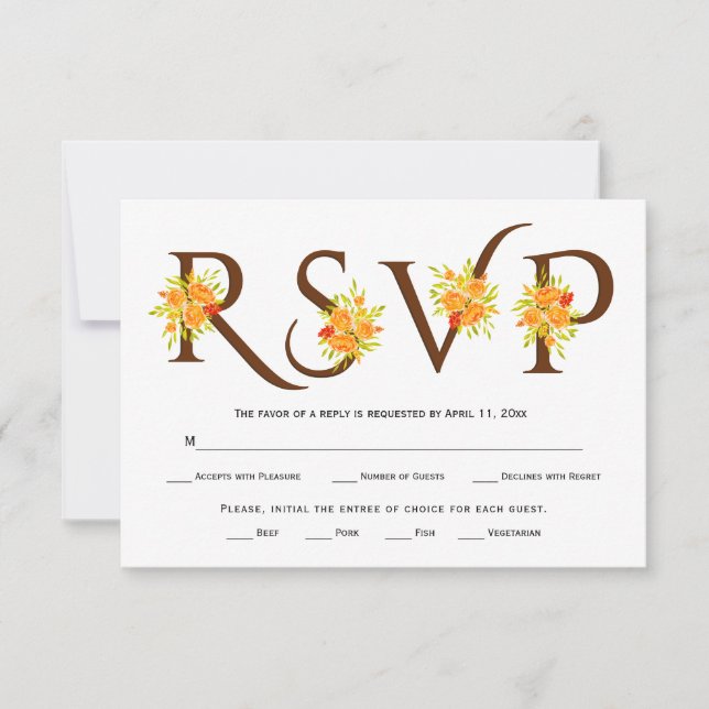 Brown typography, orange roses wedding RSVP card (Front)