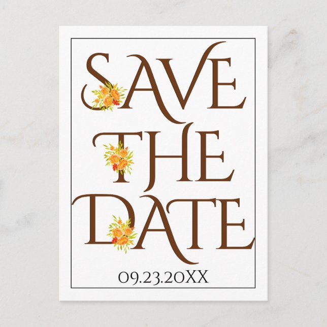 Brown typography, roses fall wedding Save the Date Postcard (Front)