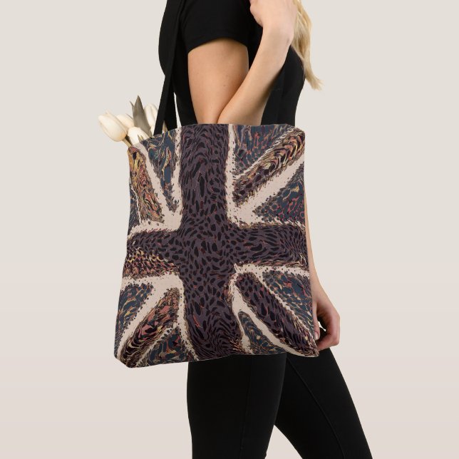 Brown Union Jack Liquid Art, Wild Animal Patterned Tote Bag (Close Up)