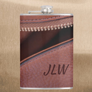 Brown Unzipped faux Leather Initials Photographic Hip Flask