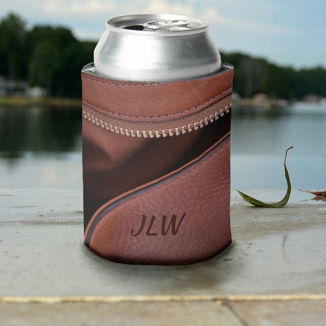 Brown Unzipped Leather with Initials Customizable Can Cooler (Creator Uploaded)