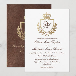 Brown Velvet Faux Texture Royal Monogram Wedding Invitation