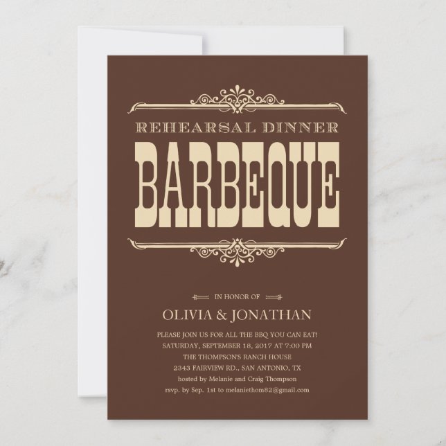 Brown Vintage Barbeque Rehearsal Dinner Invitation (Front)