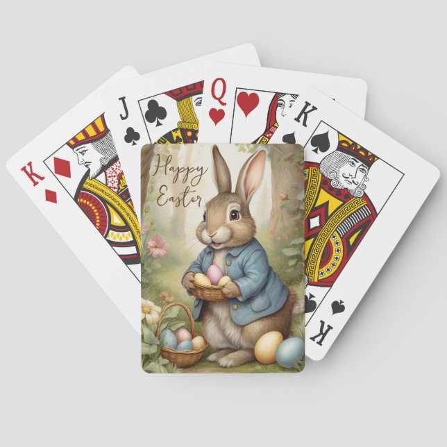 Brown Vintage Easter Bunny Holding Eggs  Playing Cards (Back)