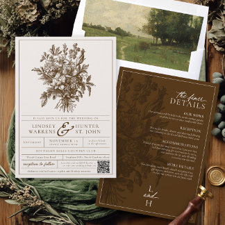 Brown Vintage Floral All-In-One Boho Ivory Wedding Invitation