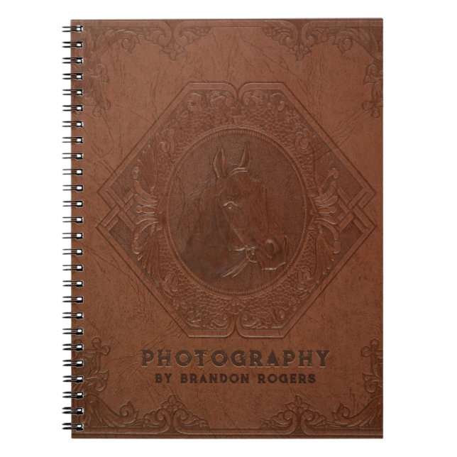Brown vintage leather embossed horse head notebook (Front)