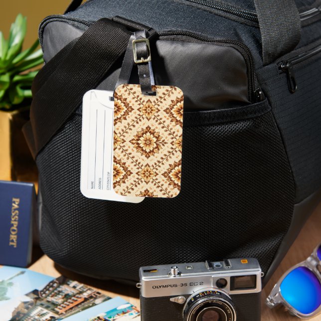 Brown vintage shabby pattern luggage tag (Front & Back)