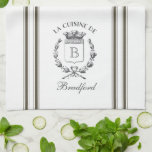 Brown Vintage Style French Sack with Custom Name Tea Towel<br><div class="desc">Vintage French etched graphics and earthy brown ticking tape stripes are the perfect addition to your French country kitchen decor on this waffle knit custom towel. Don't forget the finishing touch of personalisation with your monogram and family name.</div>