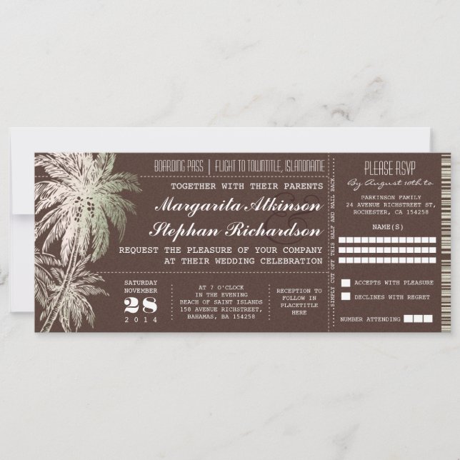 brown vintage ticket destination wedding invite (Front)