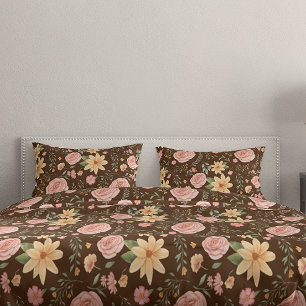 Brown Vintage Wildflower Rose Pattern Pillowcase