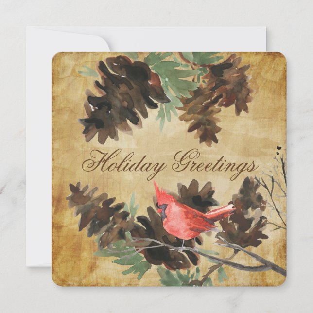 Brown w. Red Cardinal Pine Cones Holiday Card (Front)