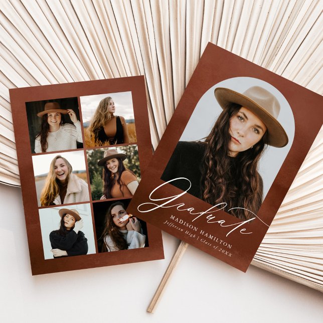 Brown Watercolor Arch 7 Photo Collage Graduation Announcement (Creator Uploaded)