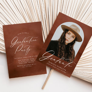 Brown Watercolor Arch Photo Graduation Party Invitation