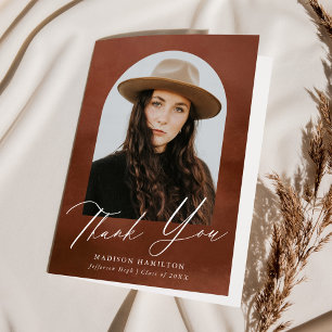 Brown Watercolor Arch Photo Graduation Thank You Card