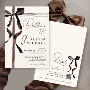 Brown Watercolor Bow Elegant Ivory QR Code Wedding Invitation