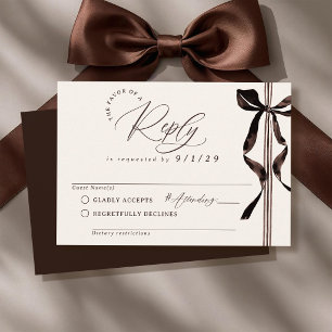 Brown Watercolor Bow Simple Elegant Ivory Wedding RSVP Card
