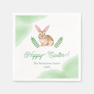 Brown Watercolor Bunny And Greenery Happy Easter Napkin