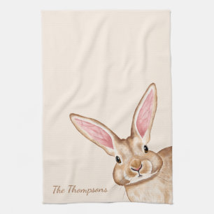 Brown Watercolor Bunny With Big Ears Cute Easter Tea Towel