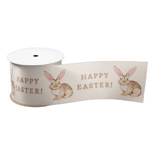 Brown Watercolor Bunny With Big Ears Happy Easter Satin Ribbon