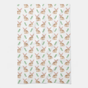 Brown Watercolor Bunny With Foliage Pattern Tea Towel