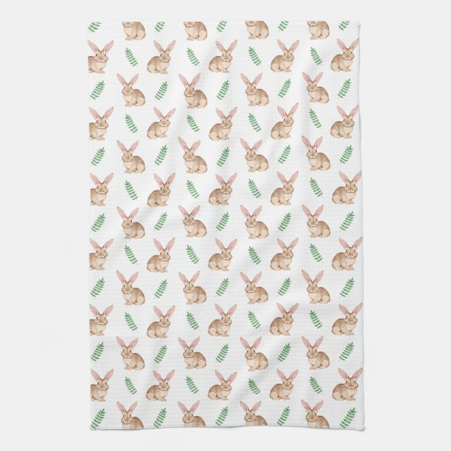 Brown Watercolor Bunny With Foliage Pattern Tea Towel (Vertical)