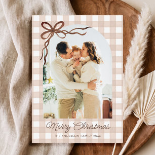 Brown Watercolor Gingham Arch Photo Holiday Card