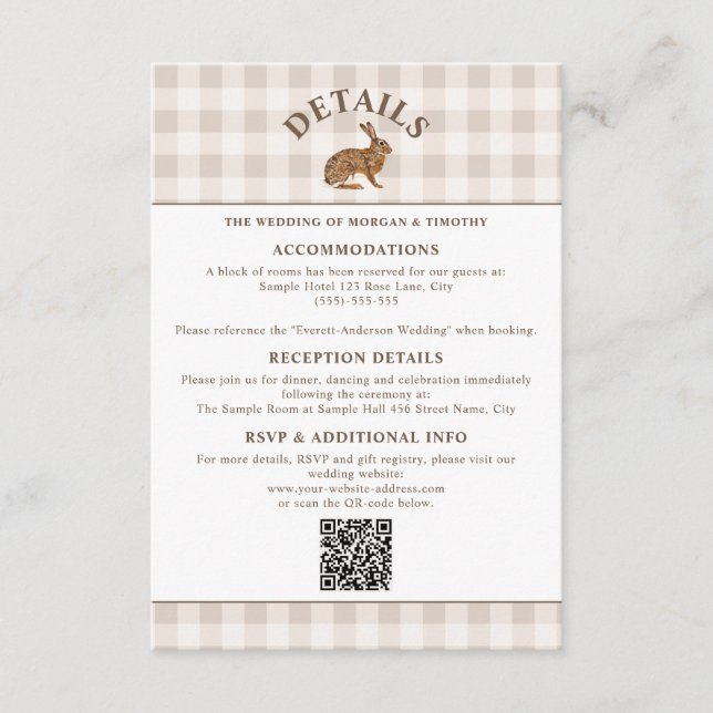 Brown Watercolor Hare On Beige Gingham Rustic Enclosure Card (Front)