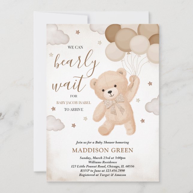 Brown We Can Bearly Wait Baby Shower Invitation (Front)