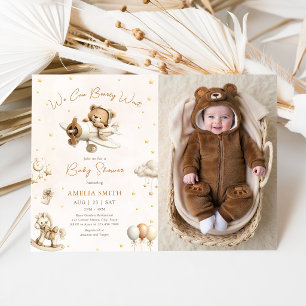 Brown We Can Bearly Wait Teddy Bear Plane Photo Invitation