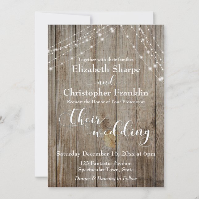 Brown Weathered Wood and White Lights Wedding Invitation (Front)
